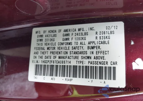 2012 Honda Accord Sdn 2.4 Ex-L/Ex-L z USA, uszkodzony, nr VIN 1HGCP2F87CA089714